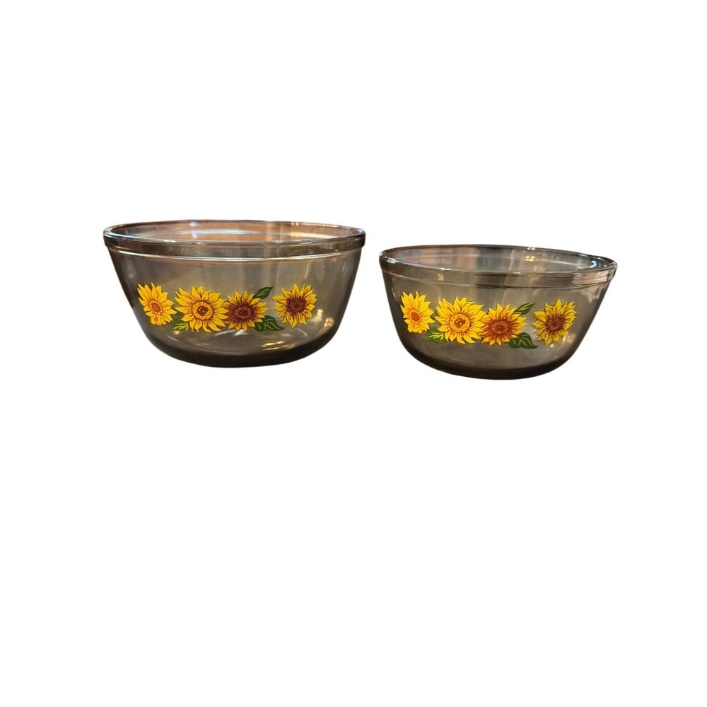 Vtg Anchor Hocking Sunflower Mixing Bowls 2.5 1.5 Qt Amber USA Oven Micro Safe